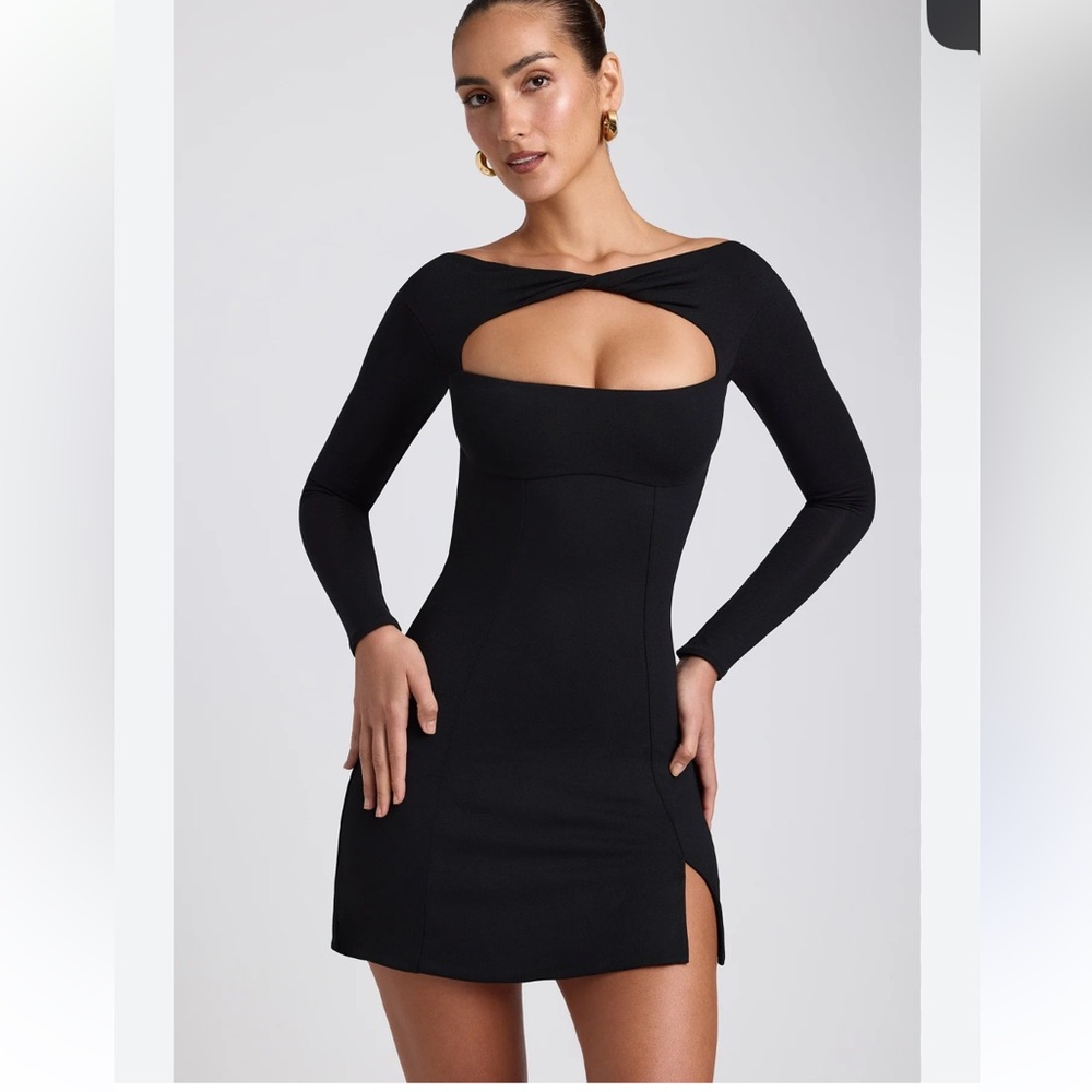 Oh Polly Black Dress Modal Twist-Front Long-Sleeve Mini Dress in Black